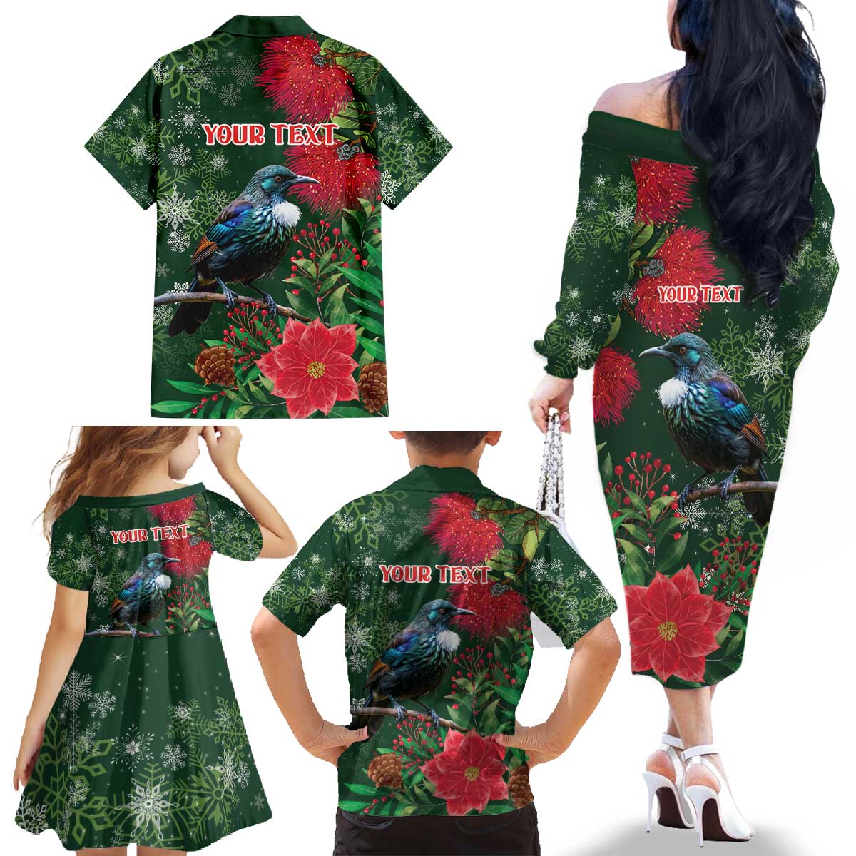 Tui Meri Kirihimete Personalised Family Matching Off The Shoulder Long Sleeve Dress and Hawaiian Shirt Pohutukawa Flowers Green Motif - Polynesian Pride