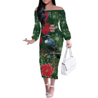 Tui Meri Kirihimete Personalised Family Matching Off The Shoulder Long Sleeve Dress and Hawaiian Shirt Pohutukawa Flowers Green Motif - Polynesian Pride