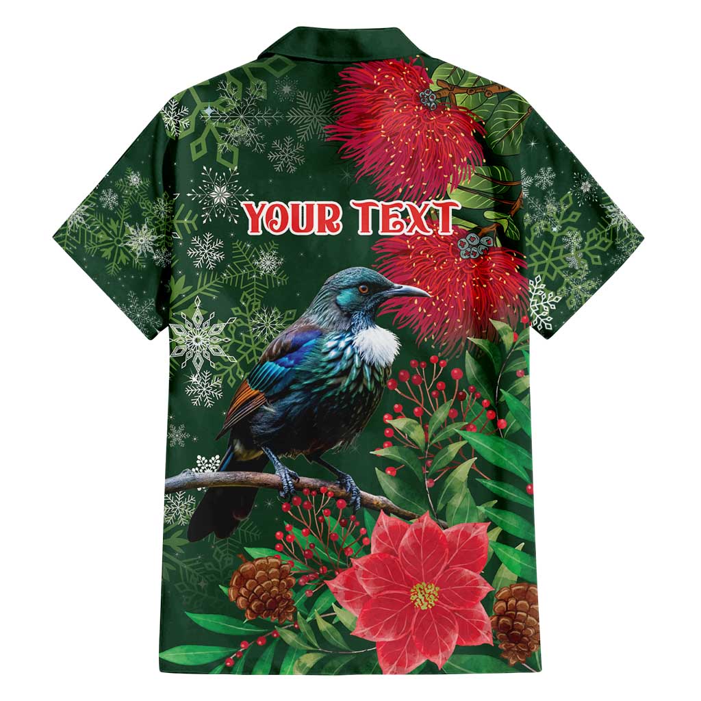 Tui Meri Kirihimete Personalised Family Matching Off Shoulder Short Dress and Hawaiian Shirt Pohutukawa Flowers Green Motif - Polynesian Pride