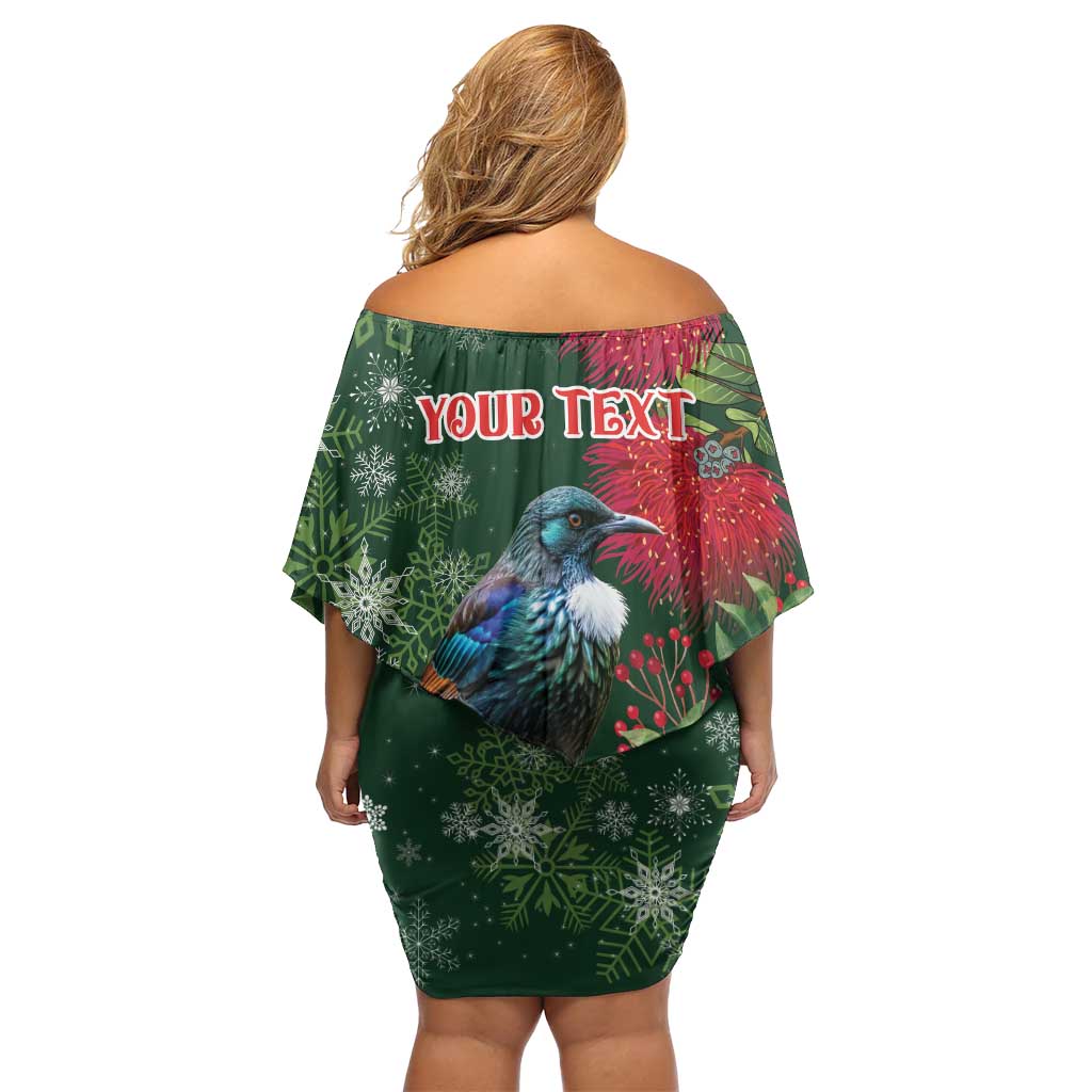 Tui Meri Kirihimete Personalised Family Matching Off Shoulder Short Dress and Hawaiian Shirt Pohutukawa Flowers Green Motif - Polynesian Pride