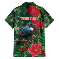 Tui Meri Kirihimete Personalised Family Matching Short Sleeve Bodycon Dress and Hawaiian Shirt Pohutukawa Flowers Green Motif - Polynesian Pride