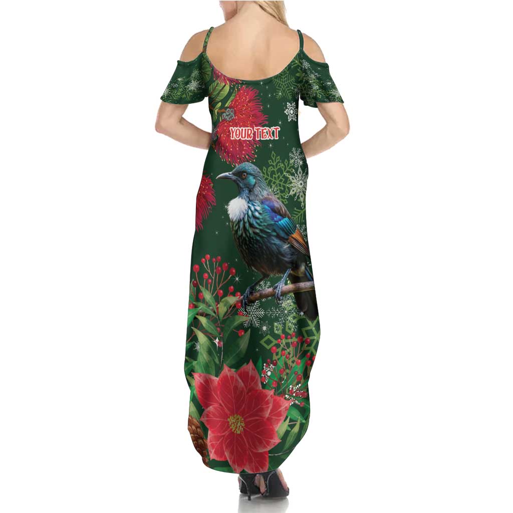 Tui Meri Kirihimete Personalised Family Matching Summer Maxi Dress and Hawaiian Shirt Pohutukawa Flowers Green Motif - Polynesian Pride