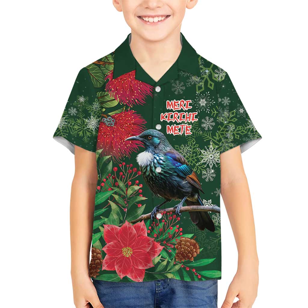Tui Meri Kirihimete Personalised Family Matching Summer Maxi Dress and Hawaiian Shirt Pohutukawa Flowers Green Motif - Polynesian Pride