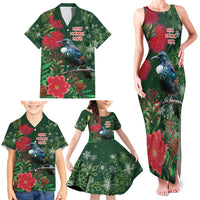 Tui Meri Kirihimete Personalised Family Matching Tank Maxi Dress and Hawaiian Shirt Pohutukawa Flowers Green Motif - Polynesian Pride