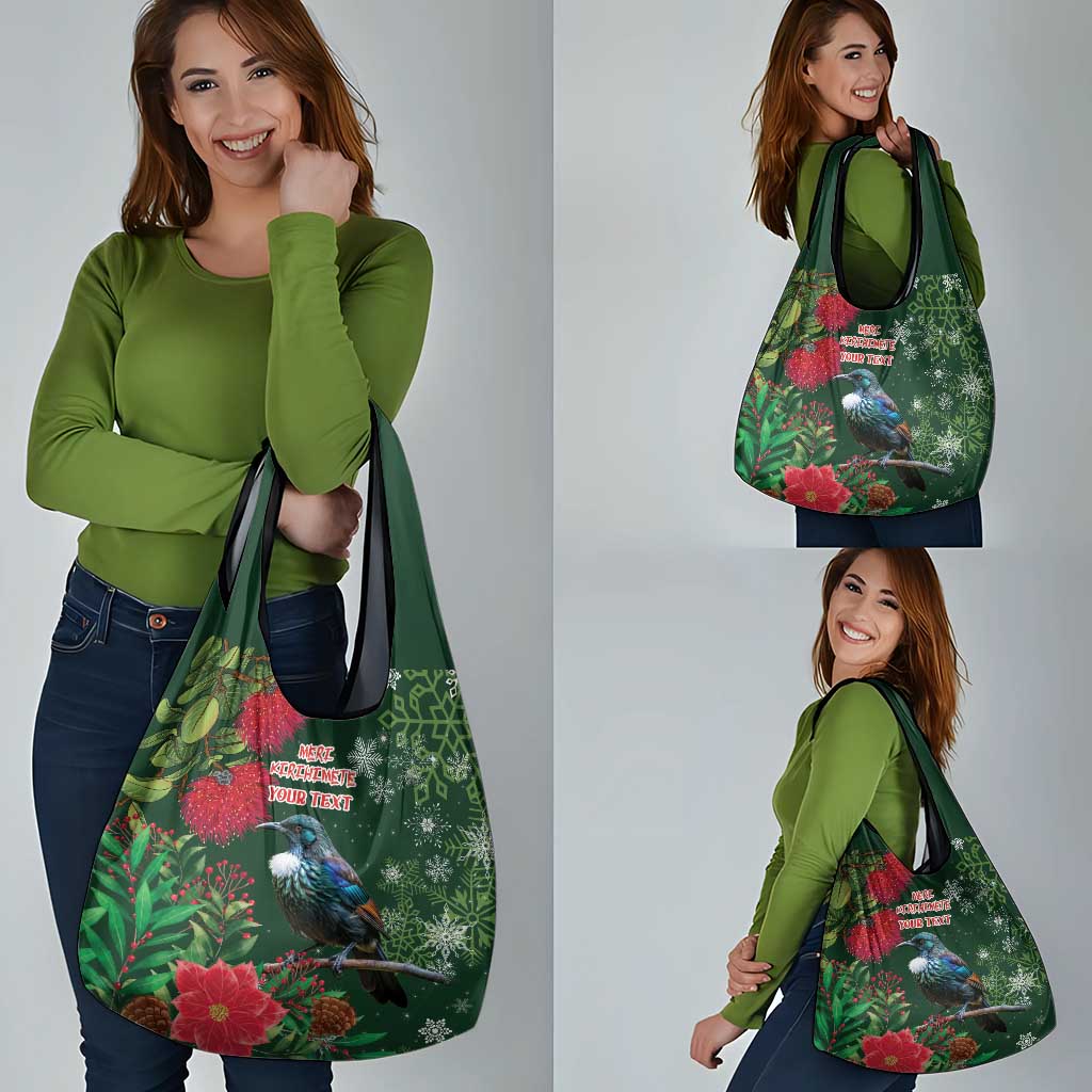 Tui Meri Kirihimete Personalised Grocery Bag Pohutukawa Flowers Green Motif - Polynesian Pride