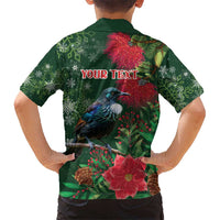 Tui Meri Kirihimete Personalised Kid Hawaiian Shirt Pohutukawa Flowers Green Motif - Polynesian Pride