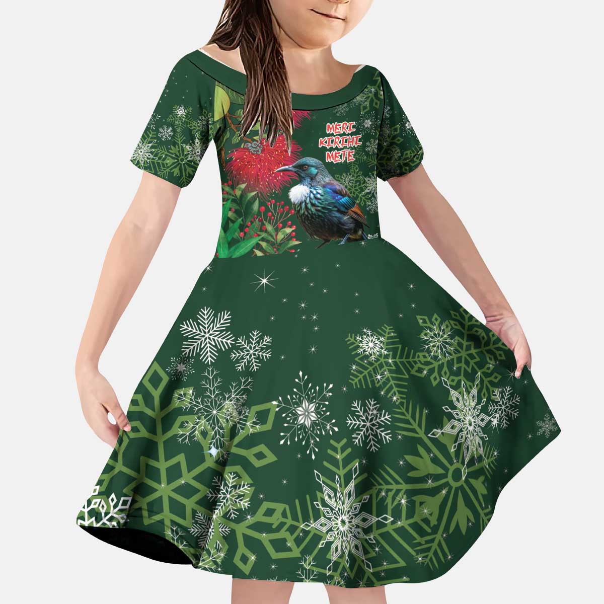 Tui Meri Kirihimete Personalised Kid Short Sleeve Dress Pohutukawa Flowers Green Motif - Polynesian Pride