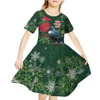 Tui Meri Kirihimete Personalised Kid Short Sleeve Dress Pohutukawa Flowers Green Motif - Polynesian Pride
