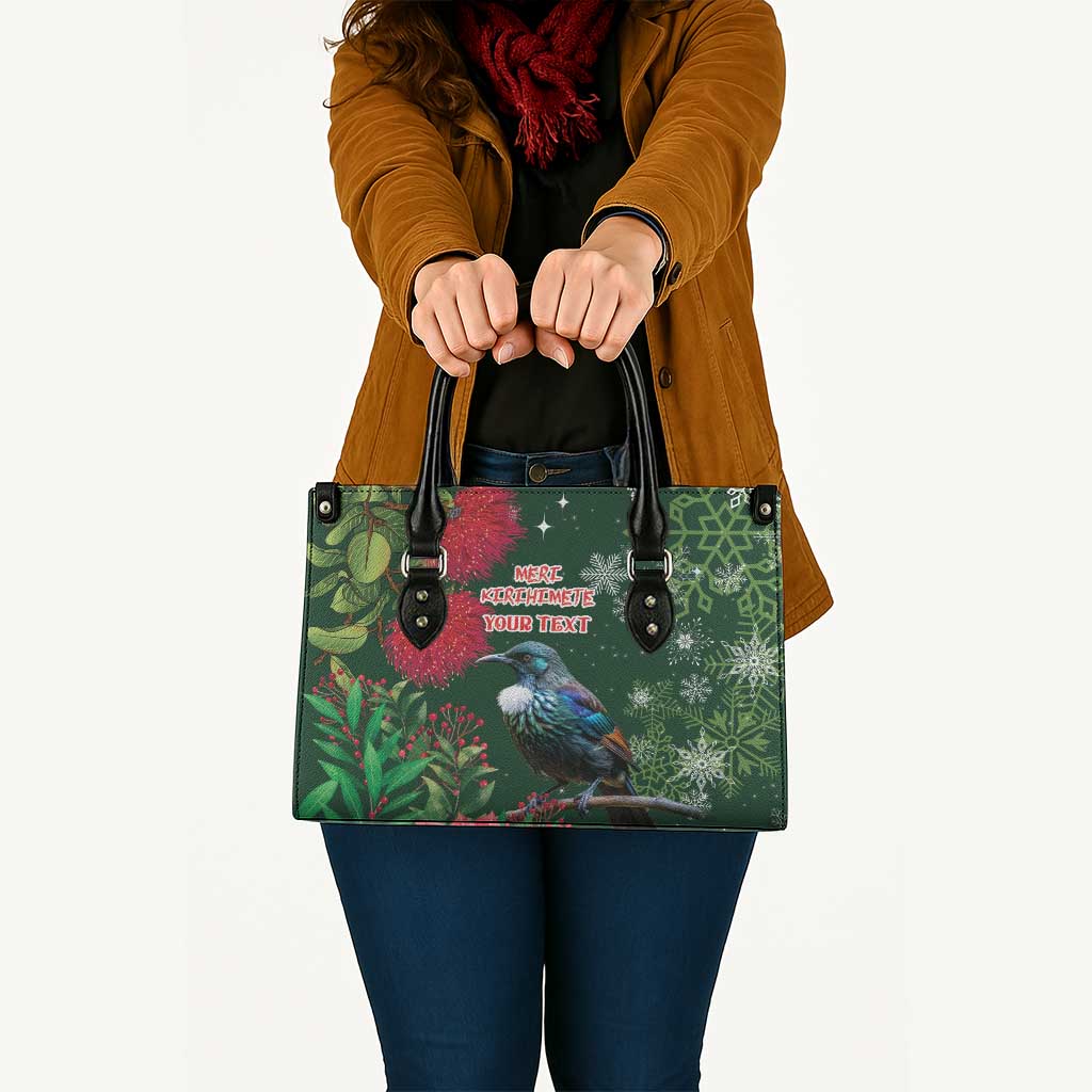 Tui Meri Kirihimete Personalised Leather Bag Pohutukawa Flowers Green Motif - Polynesian Pride