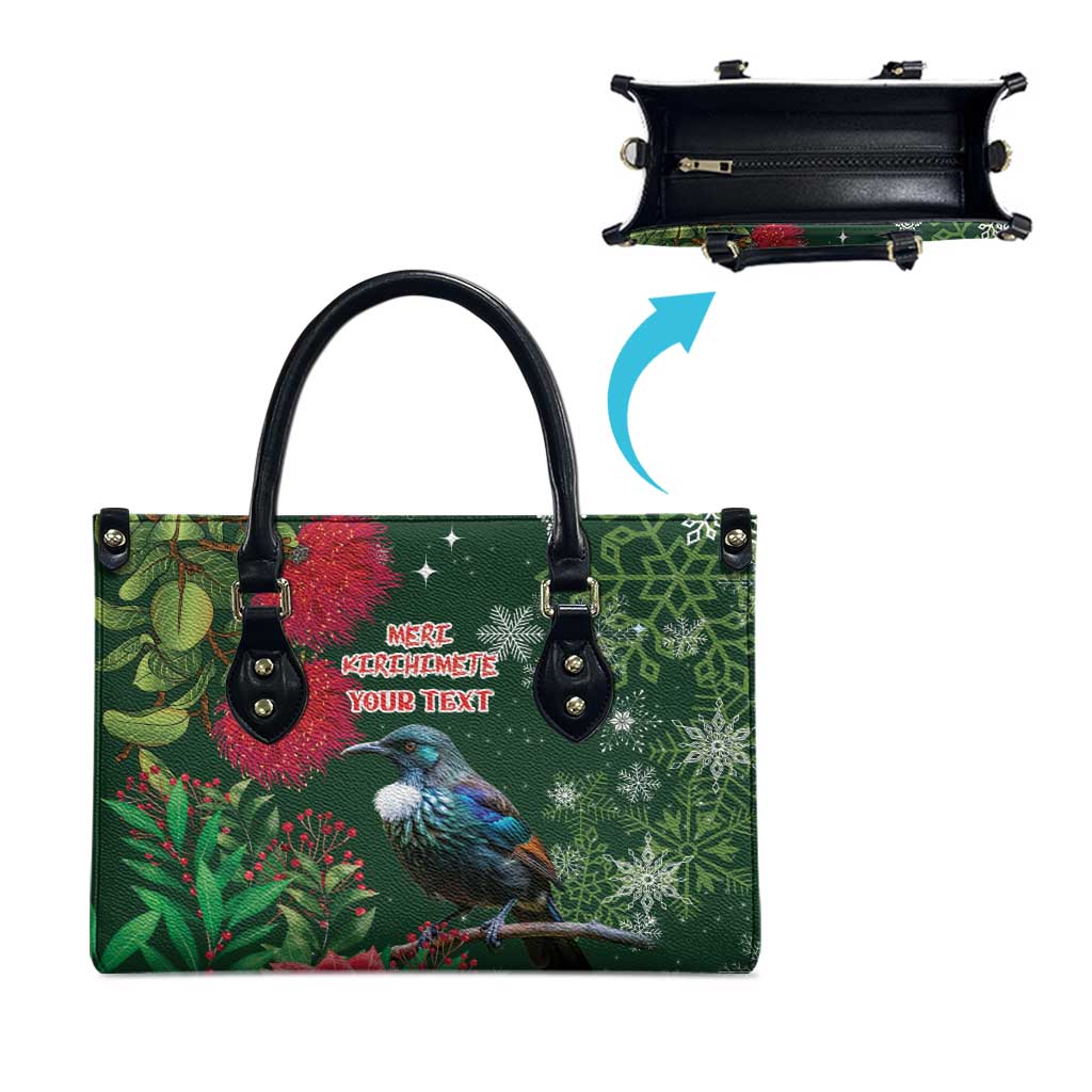 Tui Meri Kirihimete Personalised Leather Bag Pohutukawa Flowers Green Motif - Polynesian Pride