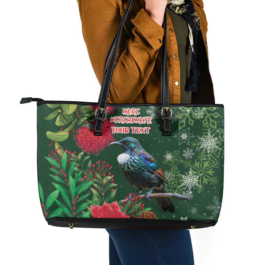 Tui Meri Kirihimete Personalised Leather Tote Bag Pohutukawa Flowers Green Motif - Polynesian Pride