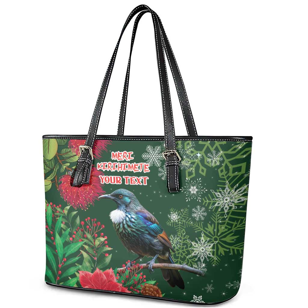 Tui Meri Kirihimete Personalised Leather Tote Bag Pohutukawa Flowers Green Motif - Polynesian Pride
