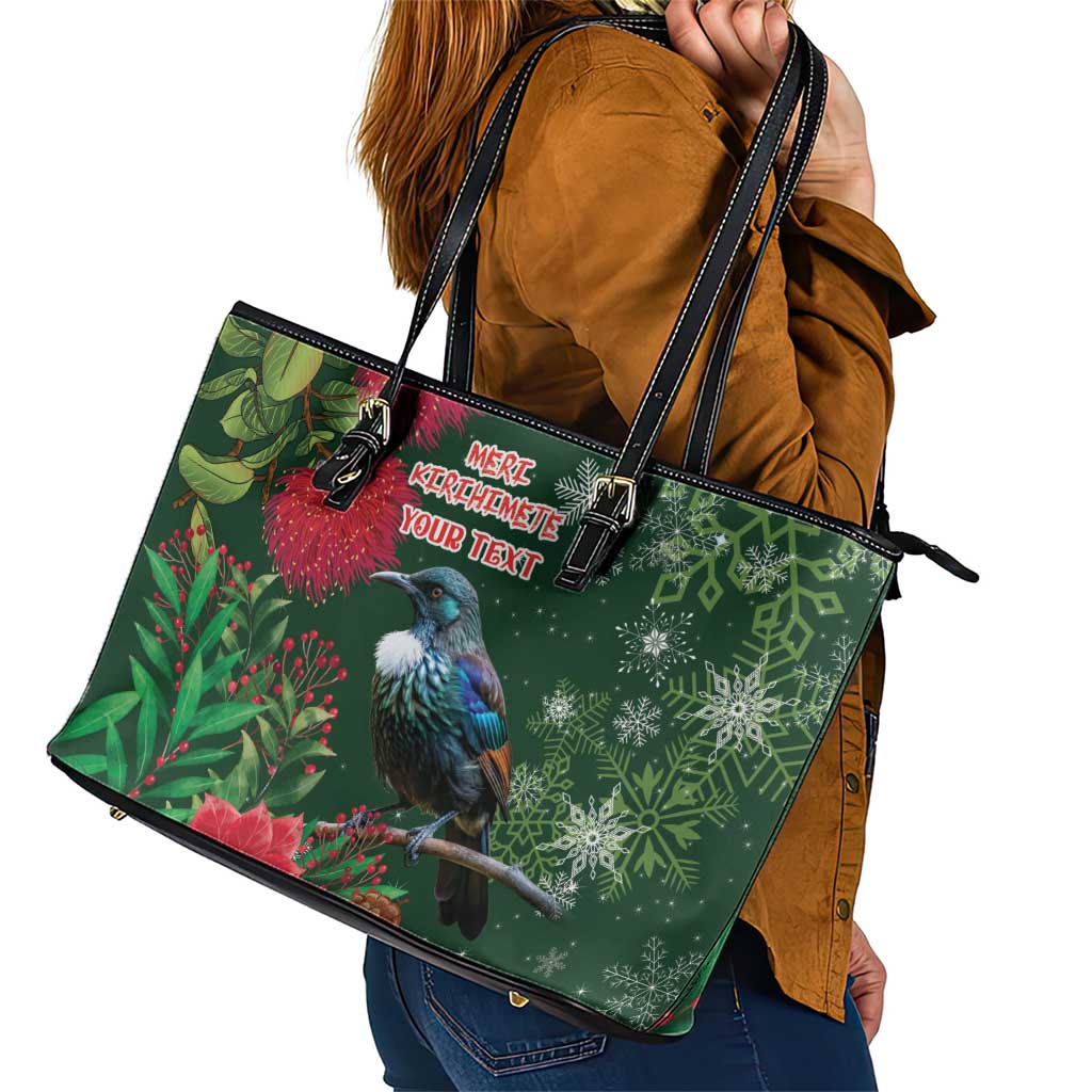 Tui Meri Kirihimete Personalised Leather Tote Bag Pohutukawa Flowers Green Motif - Polynesian Pride