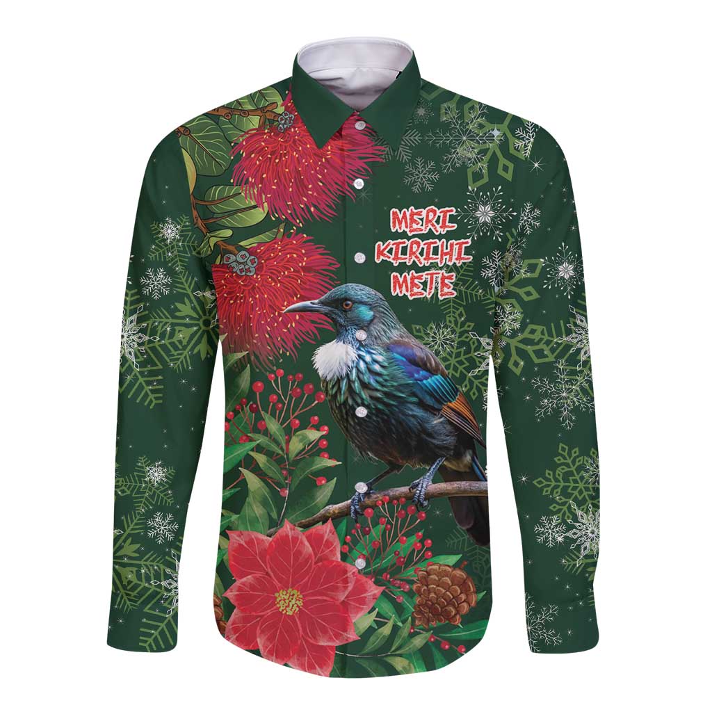 Tui Meri Kirihimete Personalised Long Sleeve Button Shirt Pohutukawa Flowers Green Motif LT9 Unisex Green - Polynesian Pride