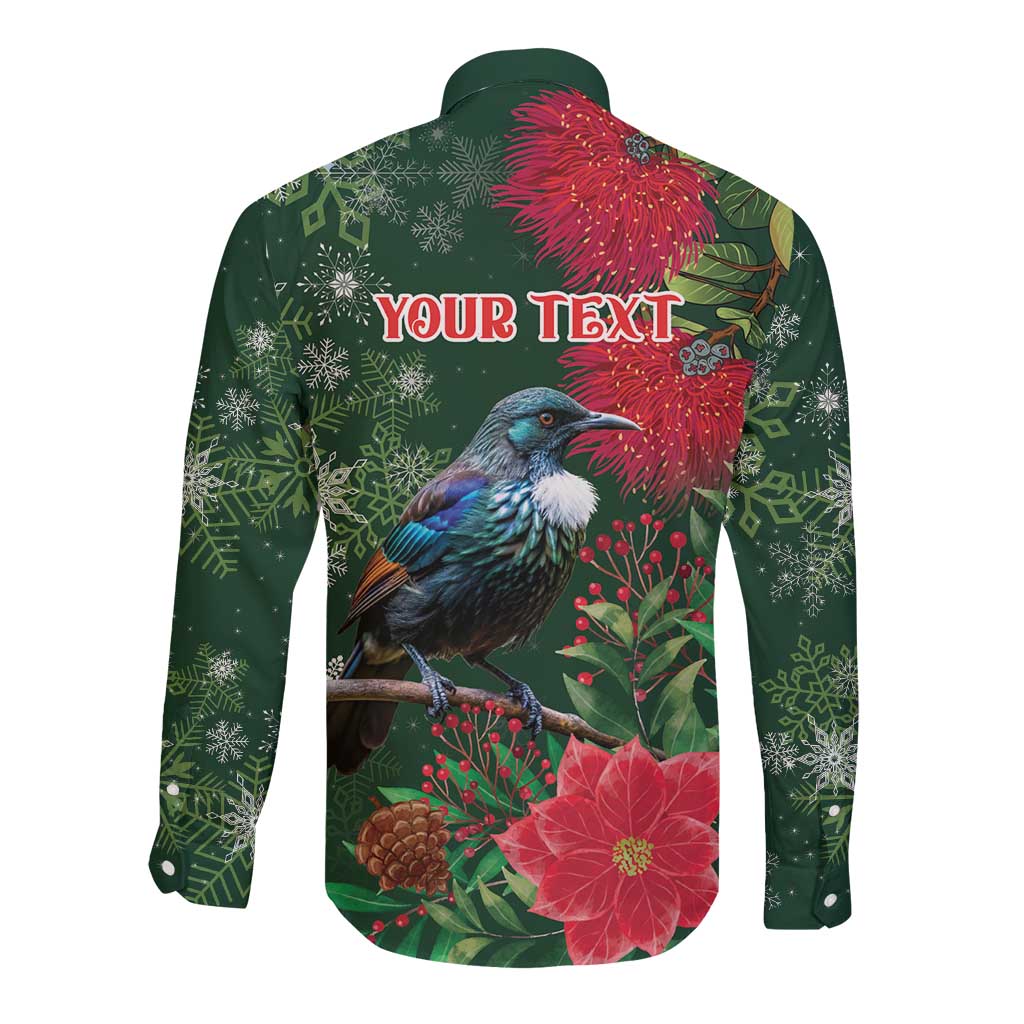 Tui Meri Kirihimete Personalised Long Sleeve Button Shirt Pohutukawa Flowers Green Motif LT9 - Polynesian Pride