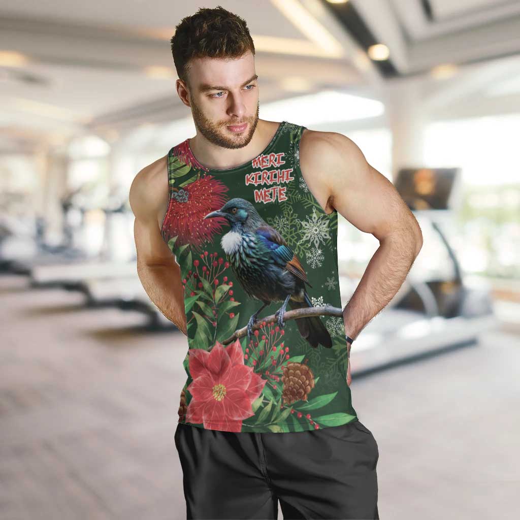 Tui Meri Kirihimete Personalised Men Tank Top Pohutukawa Flowers Green Motif - Polynesian Pride