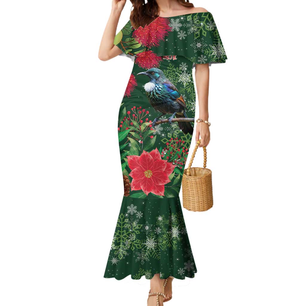 Tui Meri Kirihimete Personalised Mermaid Dress Pohutukawa Flowers Green Motif - Polynesian Pride