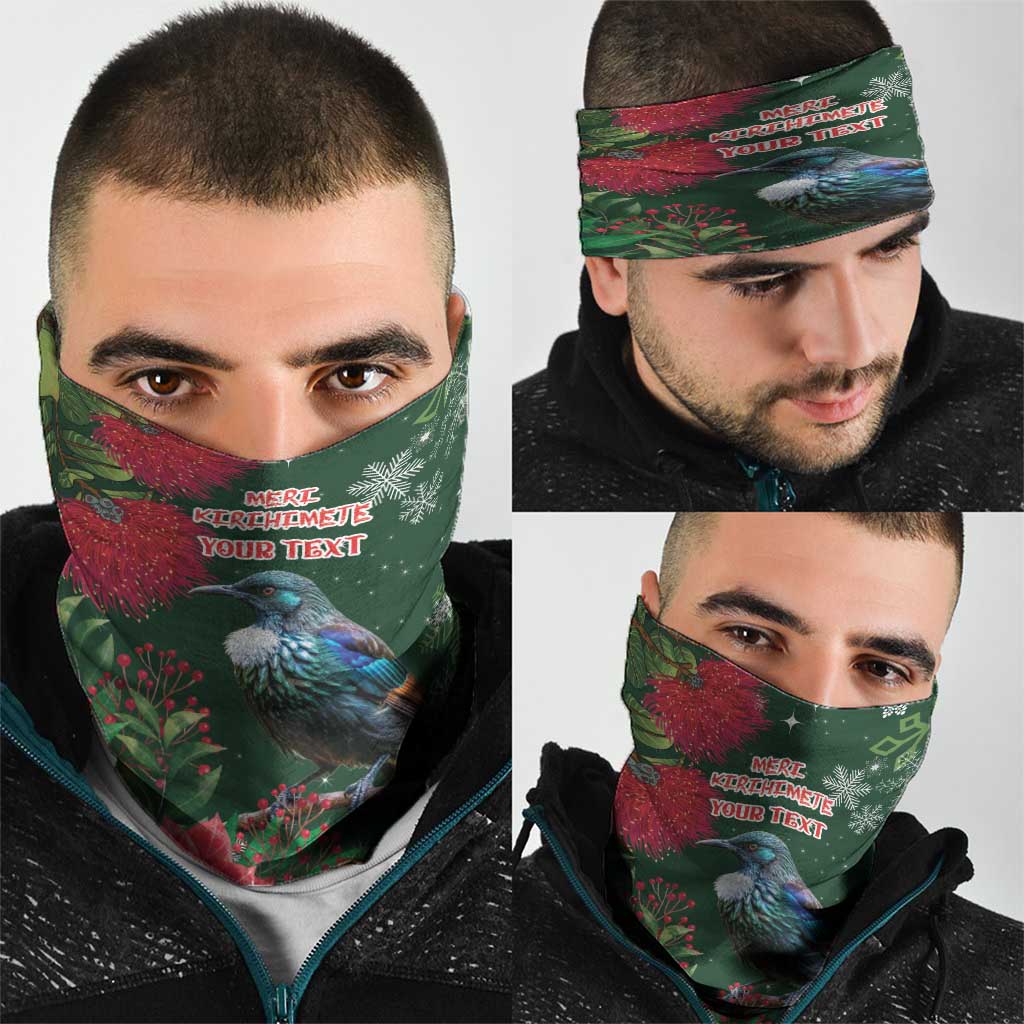 Tui Meri Kirihimete Personalised Neck Gaiter Pohutukawa Flowers Green Motif - Polynesian Pride