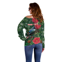 Tui Meri Kirihimete Personalised Off Shoulder Sweater Pohutukawa Flowers Green Motif - Polynesian Pride