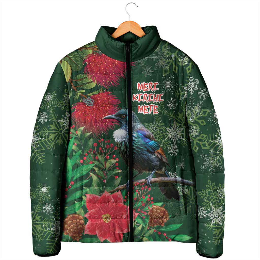 Tui Meri Kirihimete Personalised Padded Jacket Pohutukawa Flowers Green Motif LT9 - Polynesian Pride