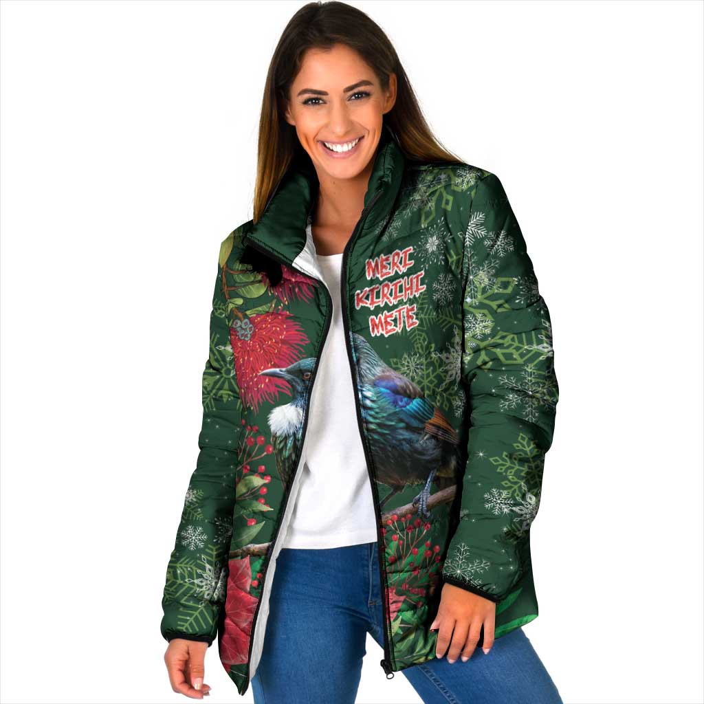 Tui Meri Kirihimete Personalised Padded Jacket Pohutukawa Flowers Green Motif LT9 Women Green - Polynesian Pride