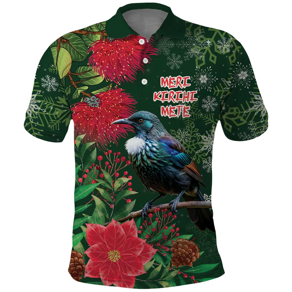 Tui Meri Kirihimete Personalised Polo Shirt Pohutukawa Flowers Green Motif - Polynesian Pride