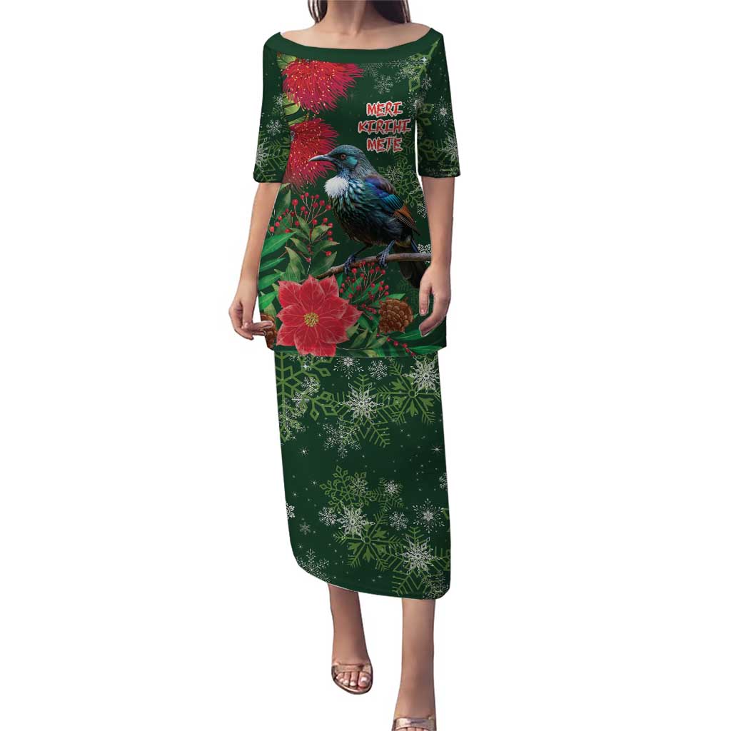 Tui Meri Kirihimete Personalised Puletasi Pohutukawa Flowers Green Motif LT9 Long Dress Green - Polynesian Pride