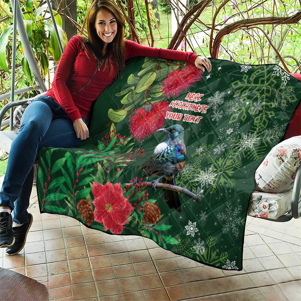 Tui Meri Kirihimete Personalised Quilt Pohutukawa Flowers Green Motif - Polynesian Pride