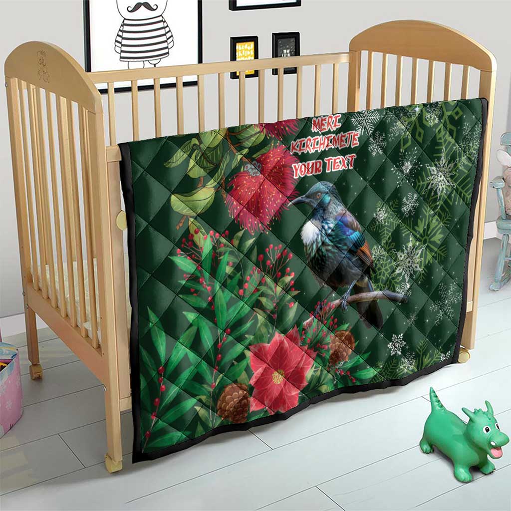 Tui Meri Kirihimete Personalised Quilt Pohutukawa Flowers Green Motif - Polynesian Pride