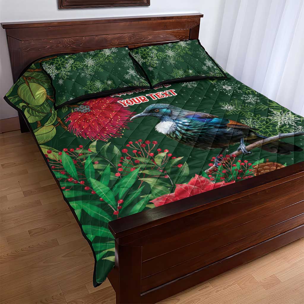Tui Meri Kirihimete Personalised Quilt Bed Set Pohutukawa Flowers Green Motif - Polynesian Pride