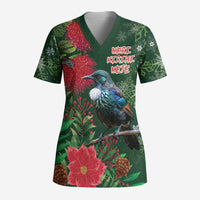 Tui Meri Kirihimete Personalised Scrub Top Pohutukawa Flowers Green Motif LT9 Adult Green - Polynesian Pride
