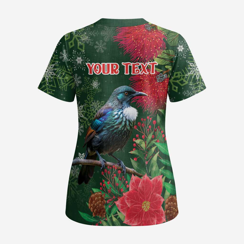 Tui Meri Kirihimete Personalised Scrub Top Pohutukawa Flowers Green Motif LT9 - Polynesian Pride