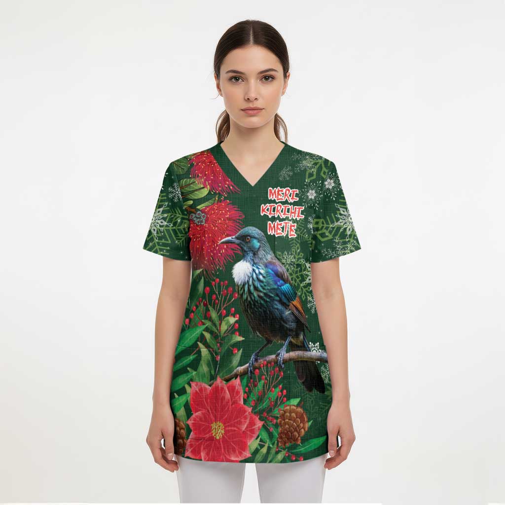 Tui Meri Kirihimete Personalised Scrub Top Pohutukawa Flowers Green Motif LT9 - Polynesian Pride