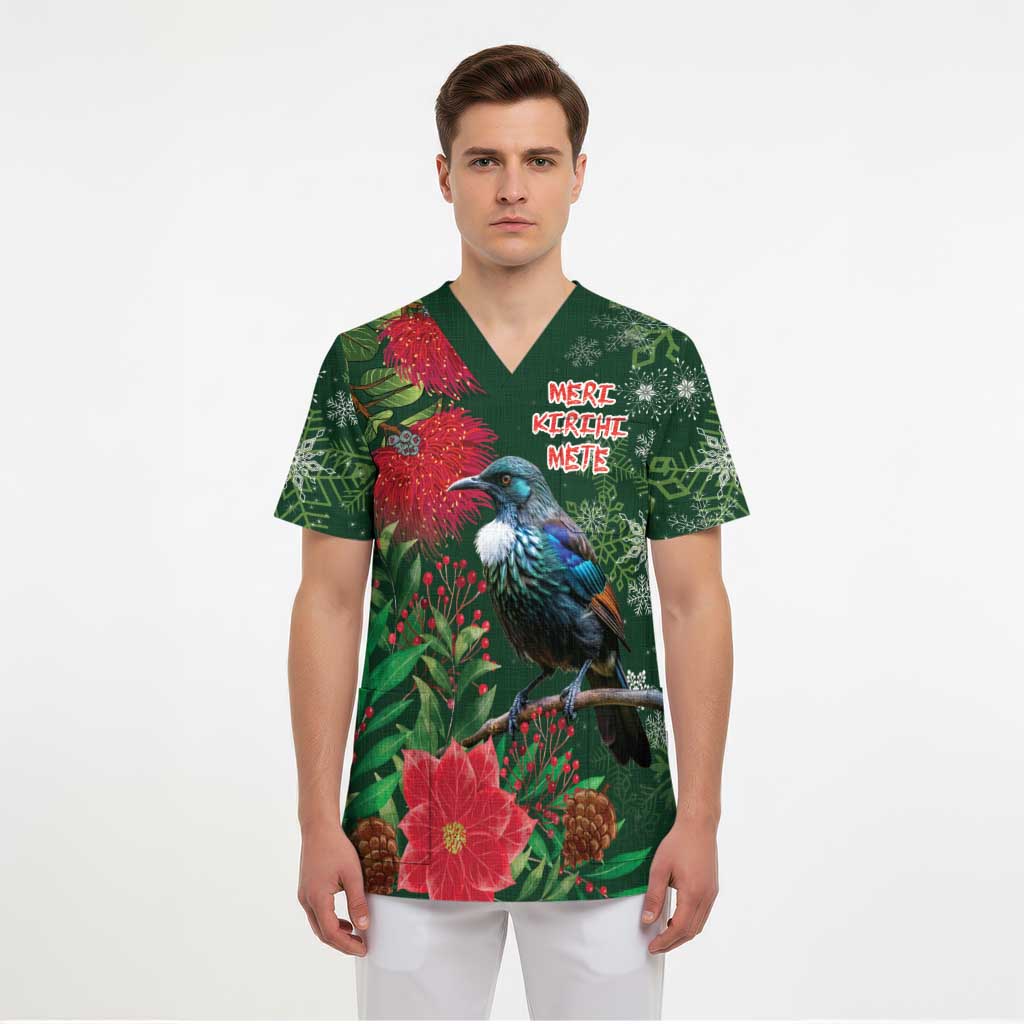 Tui Meri Kirihimete Personalised Scrub Top Pohutukawa Flowers Green Motif LT9 - Polynesian Pride