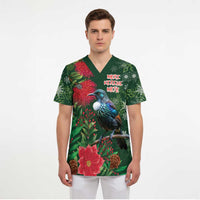 Tui Meri Kirihimete Personalised Scrub Top Pohutukawa Flowers Green Motif LT9 - Polynesian Pride