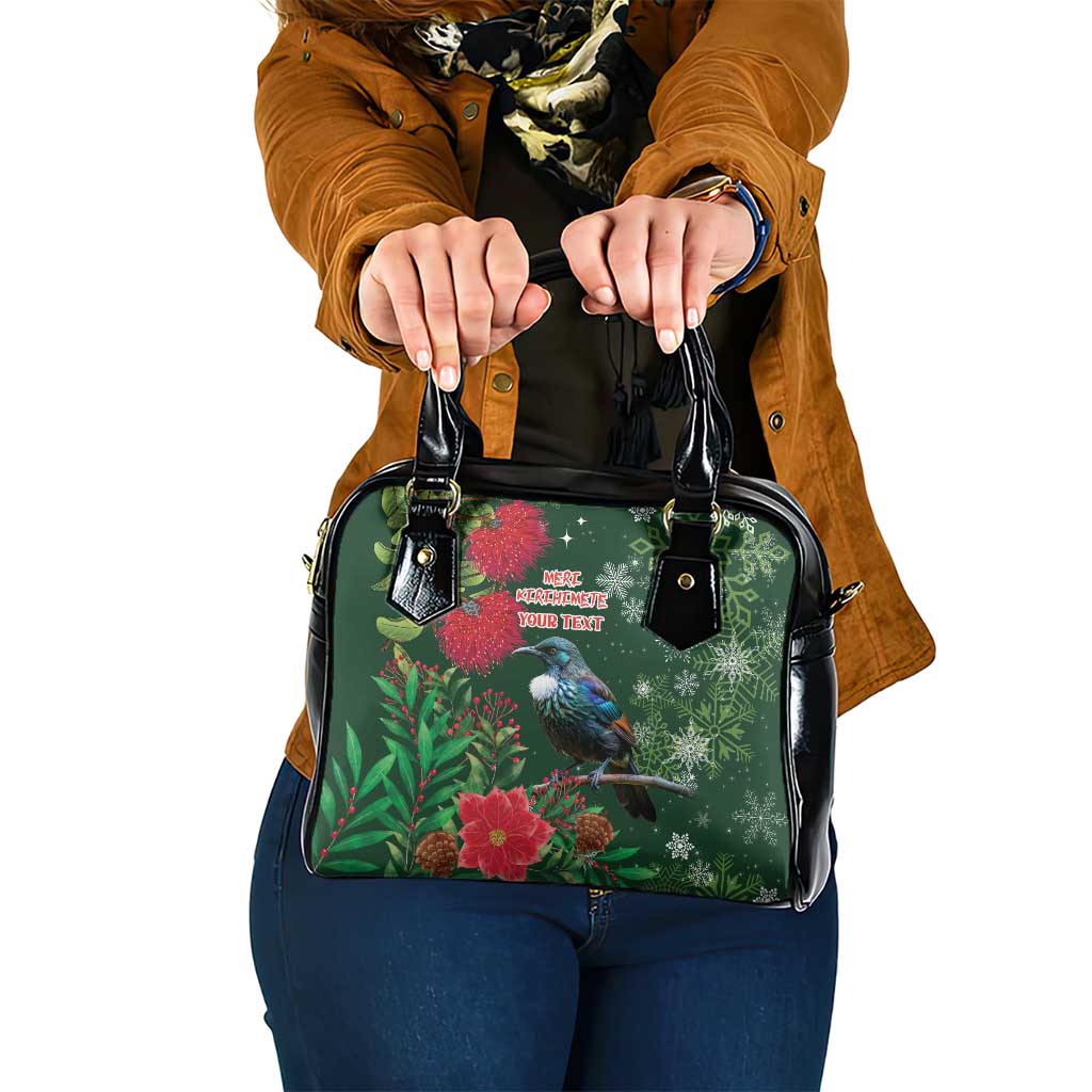 Tui Meri Kirihimete Personalised Shoulder Handbag Pohutukawa Flowers Green Motif - Polynesian Pride