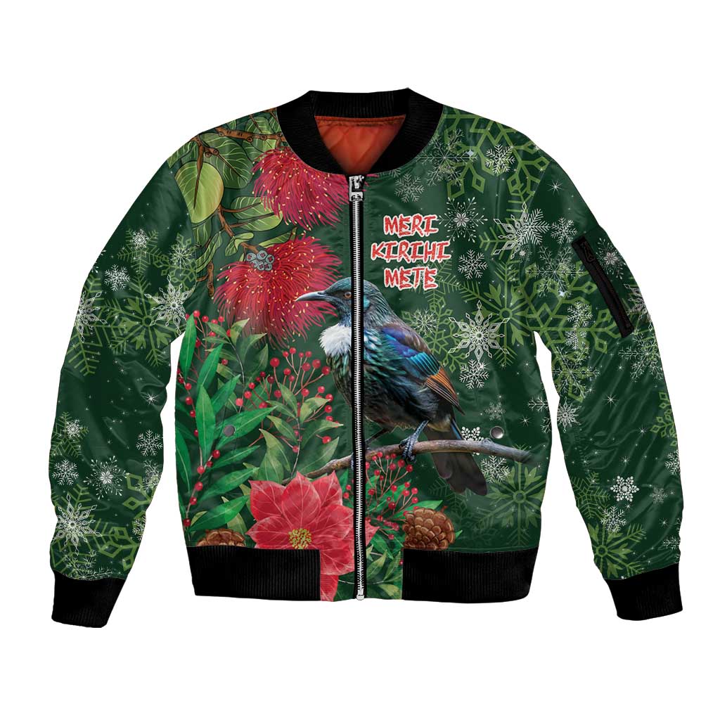 Tui Meri Kirihimete Personalised Sleeve Zip Bomber Jacket Pohutukawa Flowers Green Motif - Polynesian Pride
