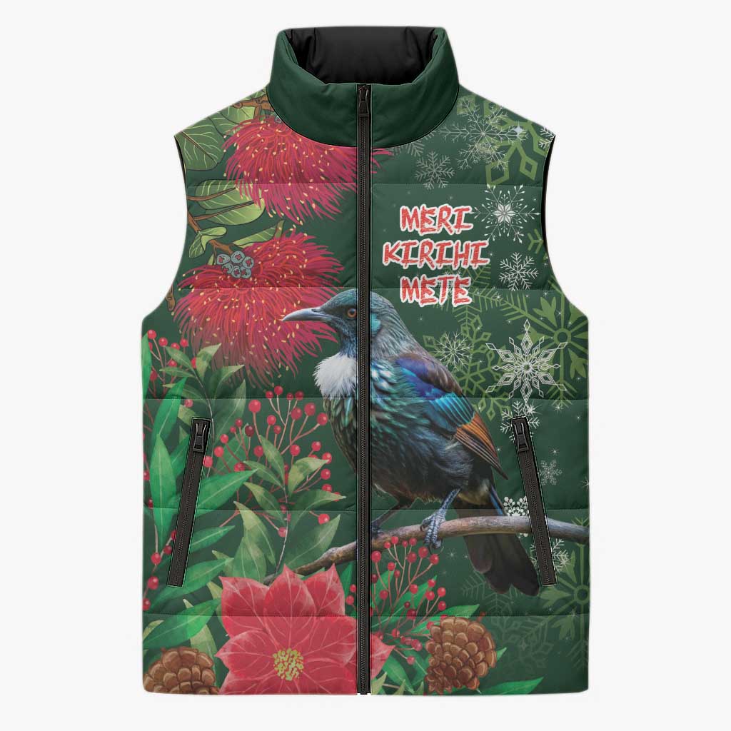 Tui Meri Kirihimete Personalised Sleeveless Puffer Jacket Pohutukawa Flowers Green Motif LT9 Unisex Green - Polynesian Pride