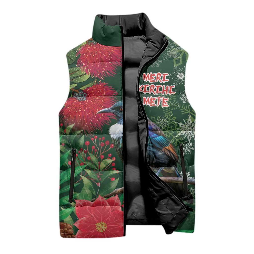 Tui Meri Kirihimete Personalised Sleeveless Puffer Jacket Pohutukawa Flowers Green Motif LT9 - Polynesian Pride