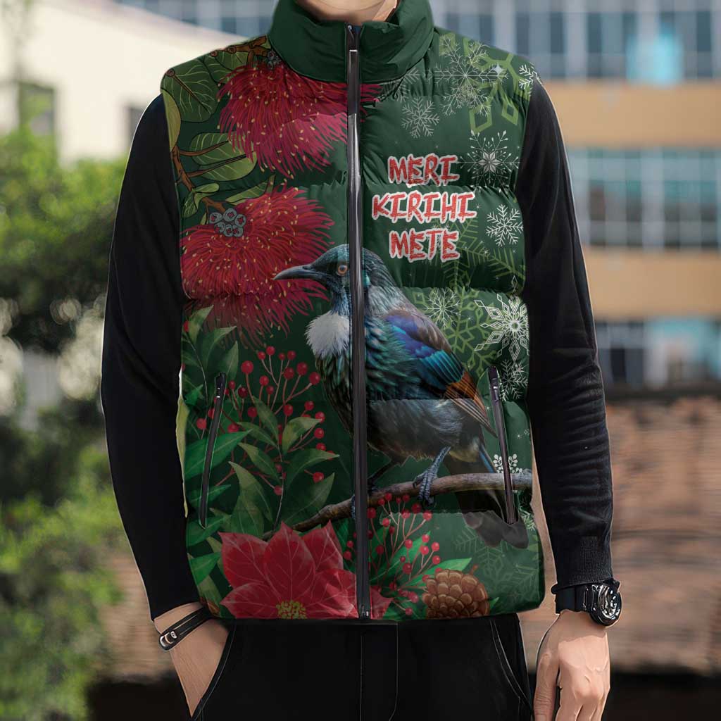 Tui Meri Kirihimete Personalised Sleeveless Puffer Jacket Pohutukawa Flowers Green Motif LT9 - Polynesian Pride