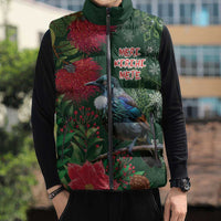 Tui Meri Kirihimete Personalised Sleeveless Puffer Jacket Pohutukawa Flowers Green Motif LT9 - Polynesian Pride