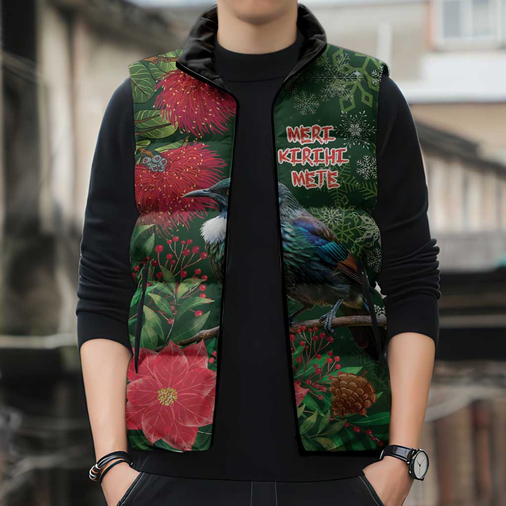 Tui Meri Kirihimete Personalised Sleeveless Puffer Jacket Pohutukawa Flowers Green Motif LT9 - Polynesian Pride