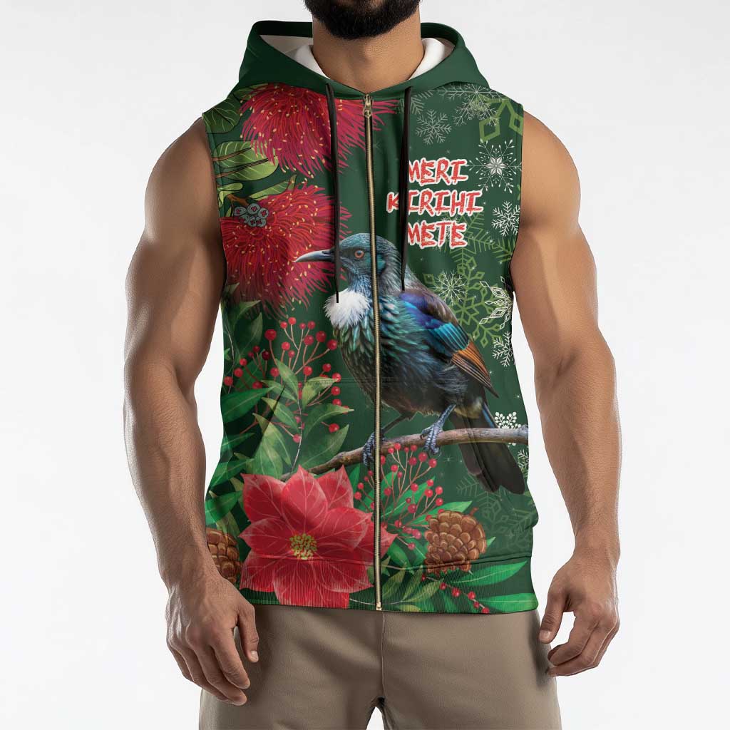 Tui Meri Kirihimete Personalised Sleeveless Zip Hoodie Pohutukawa Flowers Green Motif - Polynesian Pride