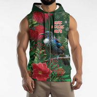 Tui Meri Kirihimete Personalised Sleeveless Zip Hoodie Pohutukawa Flowers Green Motif - Polynesian Pride