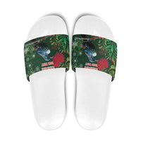Tui Meri Kirihimete Personalised Slide Sandals Pohutukawa Flowers Green Motif LT9 Green - Polynesian Pride