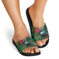 Tui Meri Kirihimete Personalised Slide Sandals Pohutukawa Flowers Green Motif LT9 - Polynesian Pride