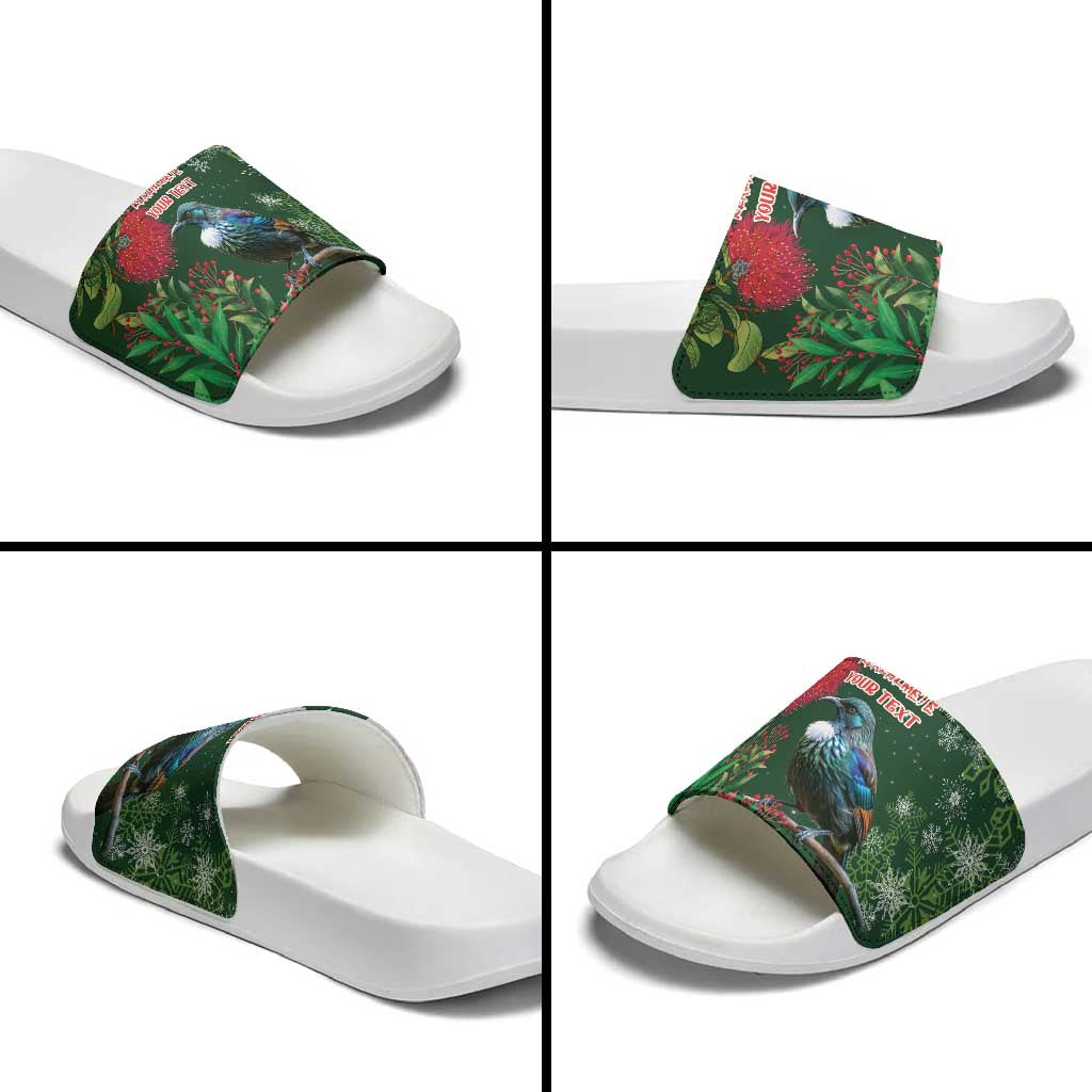 Tui Meri Kirihimete Personalised Slide Sandals Pohutukawa Flowers Green Motif LT9 - Polynesian Pride