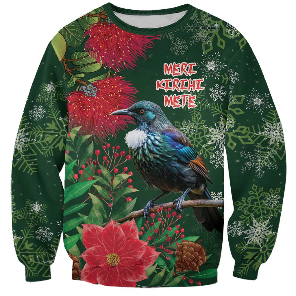 Tui Meri Kirihimete Personalised Sweatshirt Pohutukawa Flowers Green Motif LT9 Unisex Green - Polynesian Pride