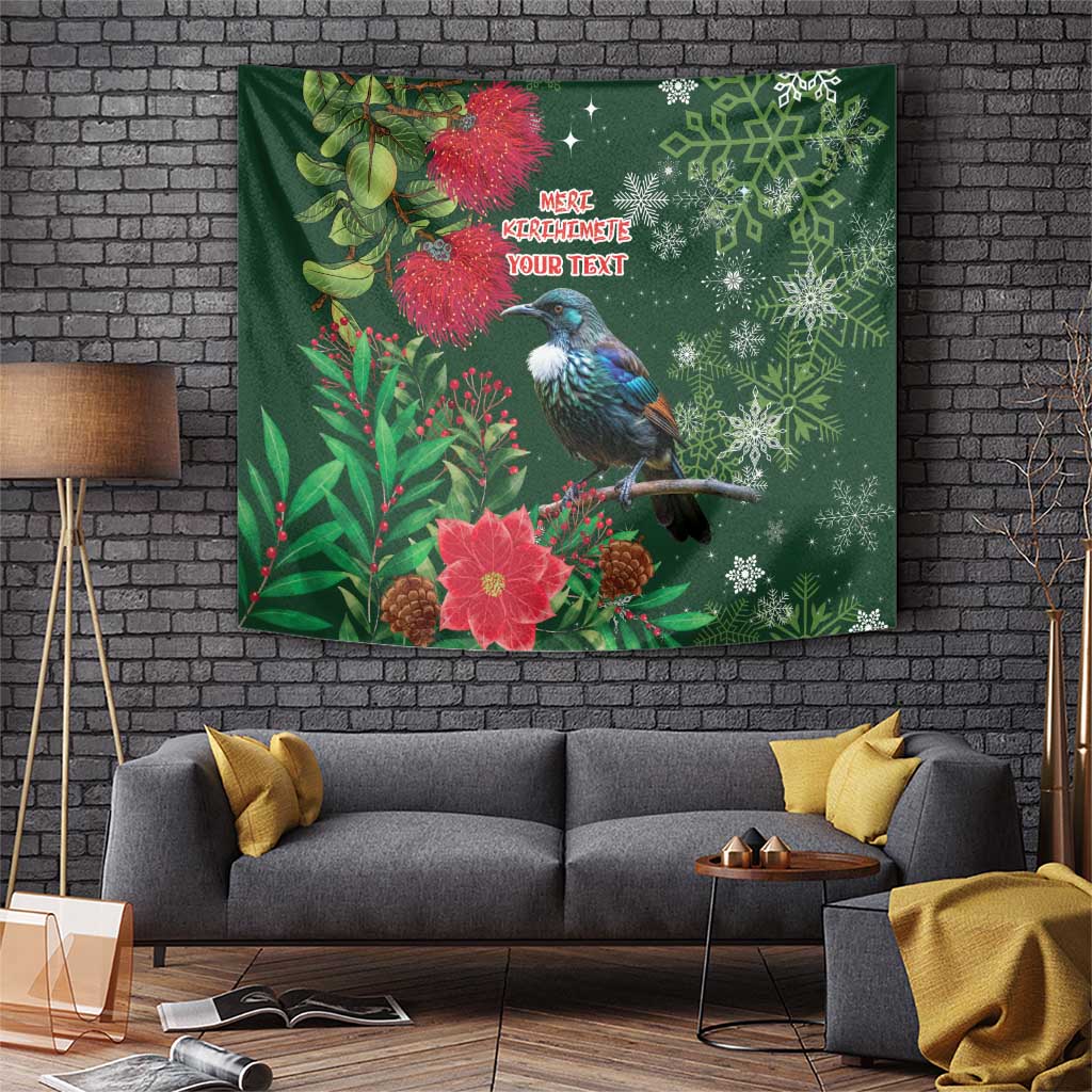 Tui Meri Kirihimete Personalised Tapestry Pohutukawa Flowers Green Motif - Polynesian Pride