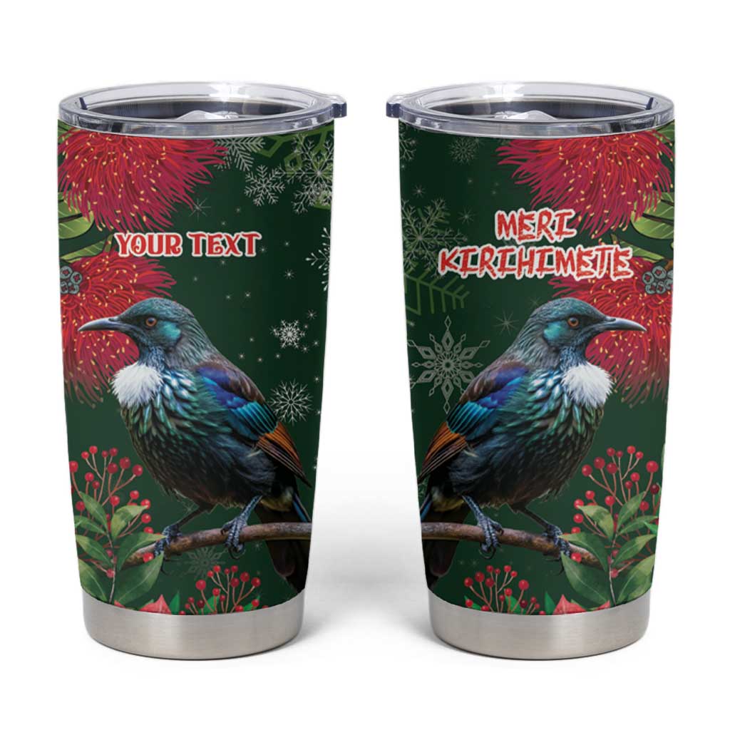 Tui Meri Kirihimete Personalised Tumbler Cup Pohutukawa Flowers Green Motif - Polynesian Pride